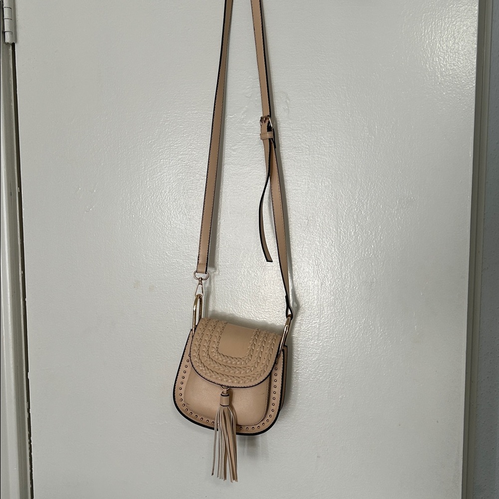 Small Tasseled Braided Flap Crossbody Bag Light Peach